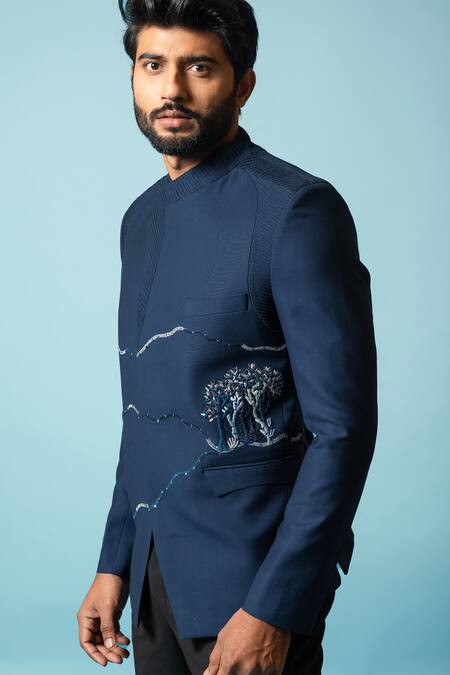 Buy_PAARSH_Blue Tricot Tree Wisteria Embroidered Bandhgala Set _Online_at_Aza_Fashions