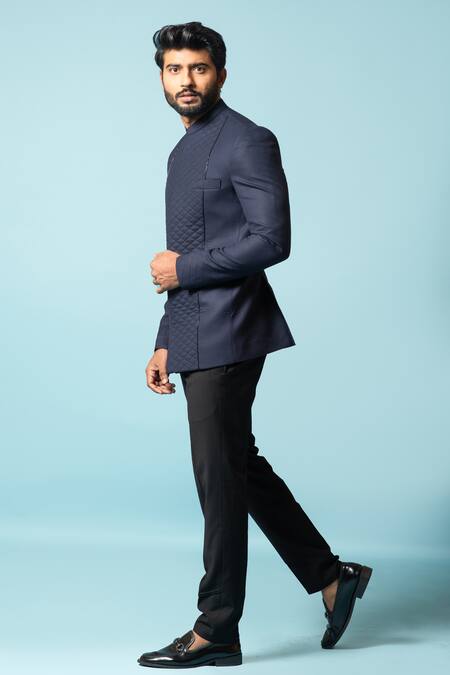 PAARSH_Blue Linen Satin, Tricot Yacht Master Quilted Bandhgala Set _Online_at_Aza_Fashions
