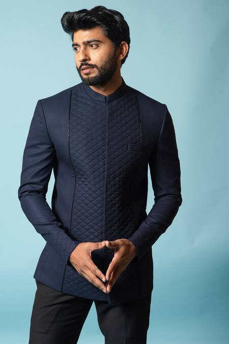 Buy_PAARSH_Blue Linen Satin, Tricot Yacht Master Quilted Bandhgala Set _Online_at_Aza_Fashions