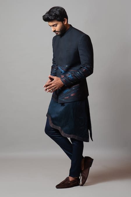 PAARSH_Blue Tricot Suiting Wave Rogue Embroidered Bandhgala Set _Online_at_Aza_Fashions