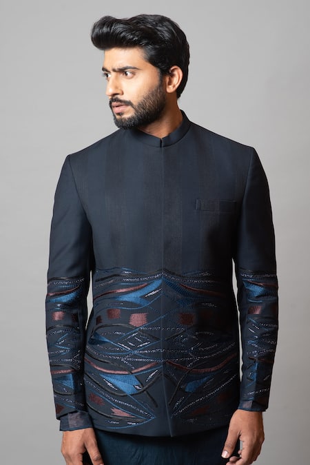 Buy_PAARSH_Blue Tricot Suiting Wave Rogue Embroidered Bandhgala Set _Online_at_Aza_Fashions