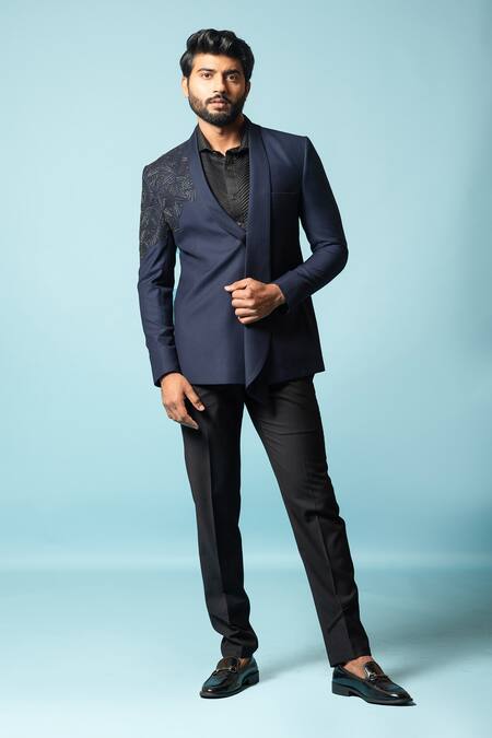 PAARSH_Blue Tricot Zardozi Carlin Atoll Work Blazer And Pant Set _Online_at_Aza_Fashions