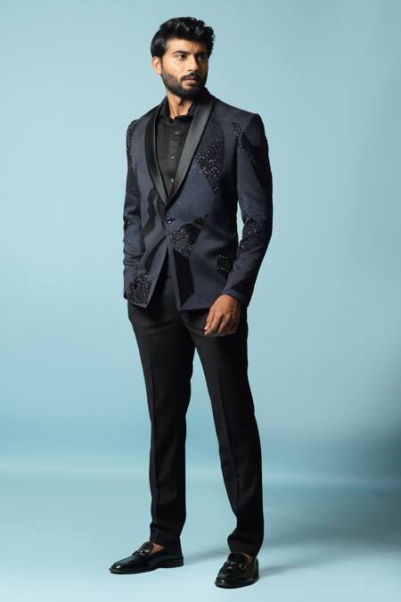 PAARSH_Blue Tricot Cutdana, Sequin Light Shore Embroidered Blazer And Pant Set _Online_at_Aza_Fashions