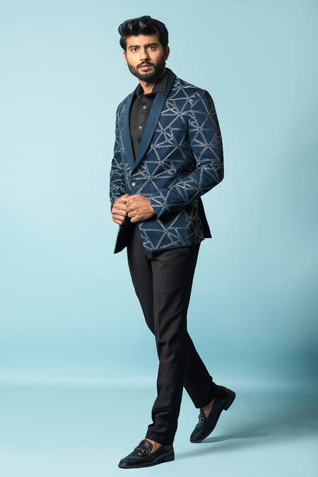 PAARSH_Blue Linen Satin, Tricot Cutdana, Lush Coral Embroidered Blazer And Pant Set _Online_at_Aza_Fashions