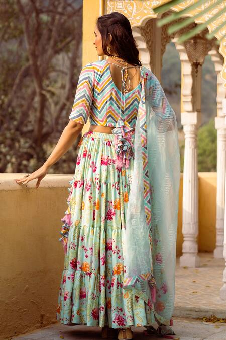 Shop Rivaaj Clothing Blue Cotton Silk Floral Print Lehenga Set at Aza Fashions Shop_Rivaaj Clothing_Blue Cotton Silk Floral Print Lehenga Set_at_Aza_Fashions