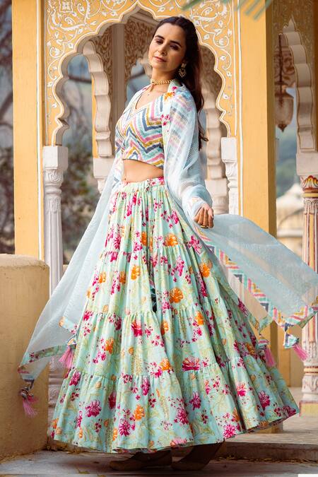 Rivaaj Clothing Blue Cotton Silk Floral Print Lehenga Set Online at Aza Fashions Rivaaj Clothing_Blue Cotton Silk Floral Print Lehenga Set_Online_at_Aza_Fashions