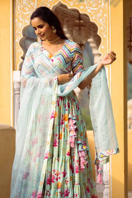 Buy Rivaaj Clothing Blue Cotton Silk Floral Print Lehenga Set Online at Aza Fashions Buy_Rivaaj Clothing_Blue Cotton Silk Floral Print Lehenga Set_Online_at_Aza_Fashions