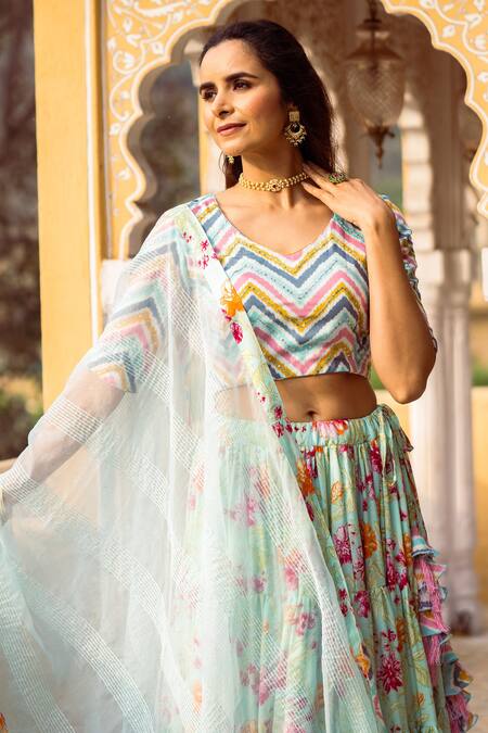 Shop Rivaaj Clothing Blue Cotton Silk Floral Print Lehenga Set Online at Aza Fashions Shop_Rivaaj Clothing_Blue Cotton Silk Floral Print Lehenga Set_Online_at_Aza_Fashions