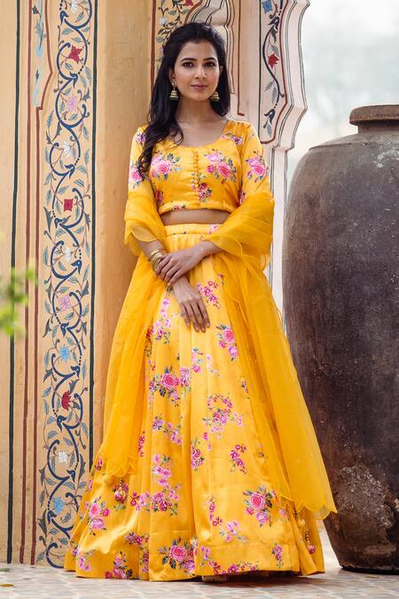 Rivaaj Clothing Yellow Satin Floral Print Lehenga Set