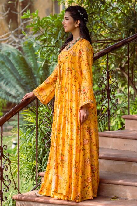 Rivaaj Clothing_Yellow Cotton Silk Floral Print Square Neck Jacket Lehenga Set_Online_at_Aza_Fashions