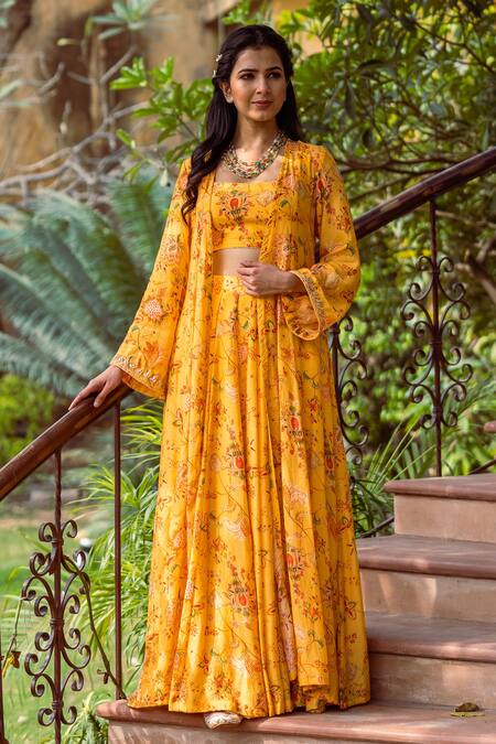 Buy_Rivaaj Clothing_Yellow Cotton Silk Floral Print Square Neck Jacket Lehenga Set_Online_at_Aza_Fashions