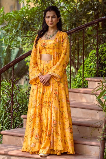 Shop_Rivaaj Clothing_Yellow Cotton Silk Floral Print Square Neck Jacket Lehenga Set_Online_at_Aza_Fashions