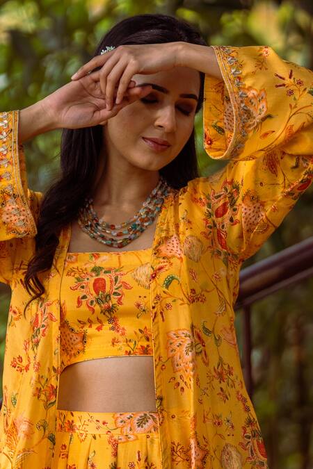 Rivaaj Clothing_Yellow Cotton Silk Floral Print Square Neck Jacket Lehenga Set_at_Aza_Fashions