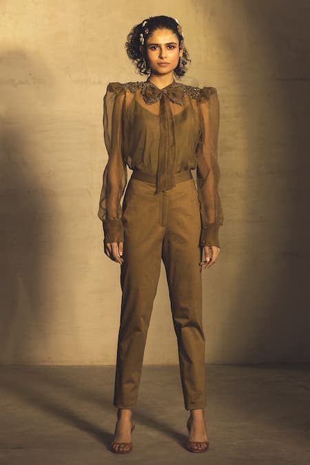 Shop Parul And Preyanka Yellow Cotton Satin, Silk Organza Sequin, Thread Embroidered Shirt And Pant Set at Aza Fashions Shop_Parul And Preyanka_Yellow Cotton Satin, Silk Organza Sequin, Thread Embroidered Shirt And Pant Set _at_Aza_Fashions