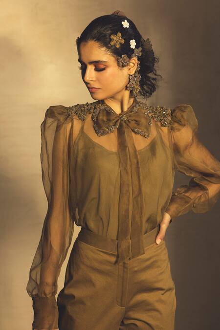 Parul And Preyanka Yellow Cotton Satin, Silk Organza Sequin, Thread Embroidered Shirt And Pant Set Online at Aza Fashions Parul And Preyanka_Yellow Cotton Satin, Silk Organza Sequin, Thread Embroidered Shirt And Pant Set _Online_at_Aza_Fashions