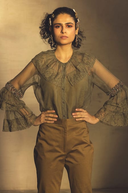 Parul And Preyanka Silk Organza Flared Sleeve Shirt 