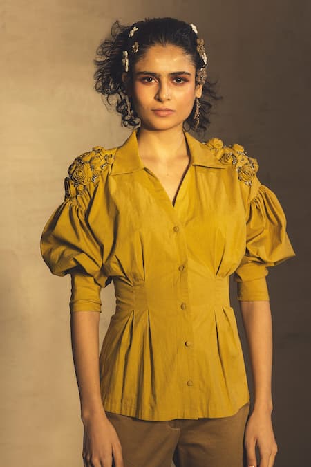 Parul and Preyanka Yellow 100% Poplin Embroidered Rose Lapel Collar Shoulder Shirt 