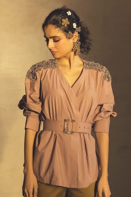 Shop Parul And Preyanka Pink 100% Poplin Floral, Sequin, Thread V Neck Cotton Shoulder Embroidered Shirt at Aza Fashions Shop_Parul And Preyanka_Pink 100% Poplin Floral, Sequin, Thread V Neck Cotton Shoulder Embroidered Shirt _at_Aza_Fashions