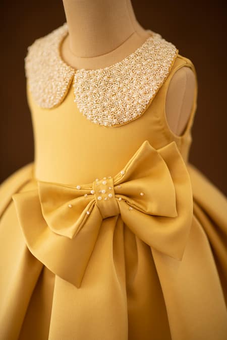 BA BA Baby Clothing CO_Yellow Satin, Taffeta, Canvas Beads Peter Pan Embroidered Bow Dress _Online_at_Aza_Fashions