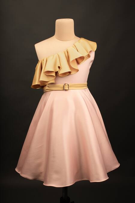 Shop BA BA Baby Clothing CO Pink Satin Embroidered Daisy One Shoulder Ruffle Dress at Aza Fashions Shop_BA BA Baby Clothing CO_Pink Satin Embroidered Daisy One Shoulder Ruffle Dress_at_Aza_Fashions