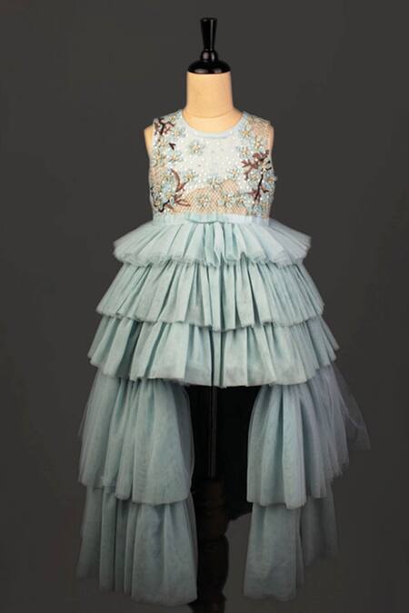 Shop_BA BA Baby Clothing CO_Blue Taffeta, Viscose Organza, Soft Bead Elsa Tiered Asymmetric Gown_at_Aza_Fashions