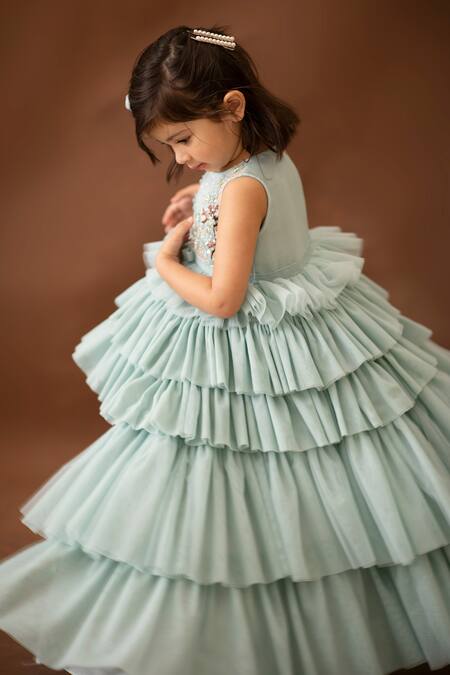 BA BA Baby Clothing CO_Blue Taffeta, Viscose Organza, Soft Bead Elsa Tiered Asymmetric Gown_Online_at_Aza_Fashions