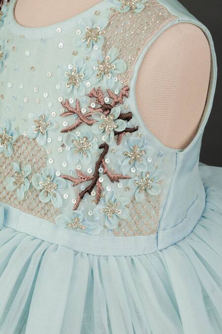 Buy_BA BA Baby Clothing CO_Blue Taffeta, Viscose Organza, Soft Bead Elsa Tiered Asymmetric Gown_Online_at_Aza_Fashions