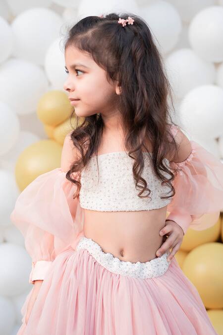 Buy_BA BA Baby Clothing CO_Pink Taffeta, Viscose, Satin, Organza Beads, Layered Ruffle Lehenga And Choli Set_Online_at_Aza_Fashions