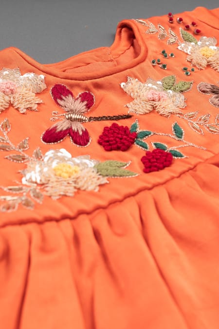 BA BA Baby Clothing CO_Orange Cotton , Blend, Linen Floral Paradise Embroidered Kurta Set_Online_at_Aza_Fashions