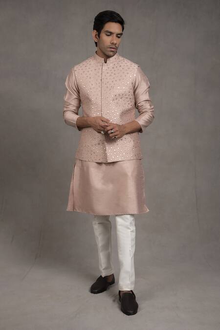 Rng Safawala_Pink Raw , Dupion Thread, Mirrorwork Embroidered Bundi And Kurta Set_Online_at_Aza_Fashions