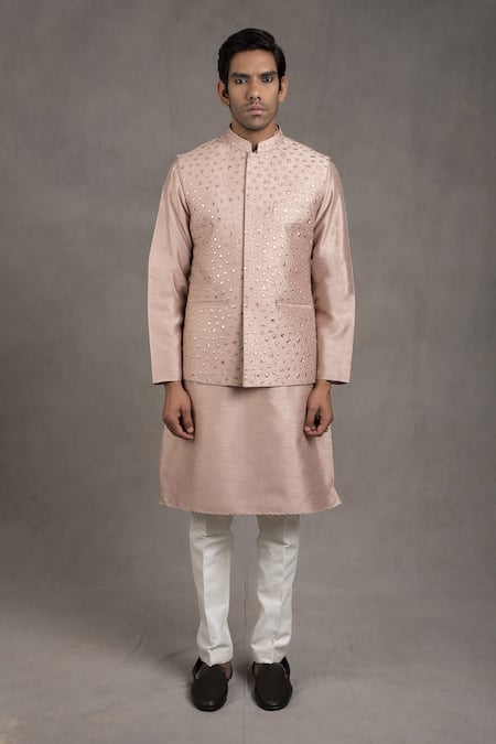 Buy_Rng Safawala_Pink Raw , Dupion Thread, Mirrorwork Embroidered Bundi And Kurta Set_Online_at_Aza_Fashions