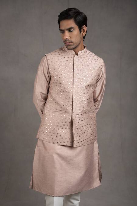 Rng Safawala_Pink Raw , Dupion Thread, Mirrorwork Embroidered Bundi And Kurta Set_at_Aza_Fashions