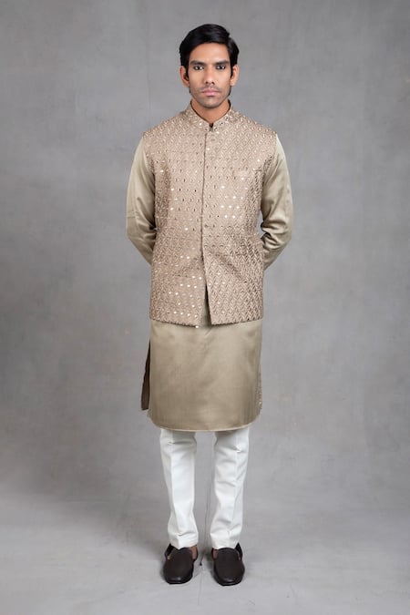 Buy_Rng Safawala_Green Raw , Dupion Thread, Mirrorwork Embroidered Bundi And Kurta Set _Online_at_Aza_Fashions