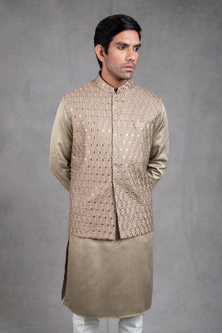 Shop_Rng Safawala_Green Raw , Dupion Thread, Mirrorwork Embroidered Bundi And Kurta Set _Online_at_Aza_Fashions