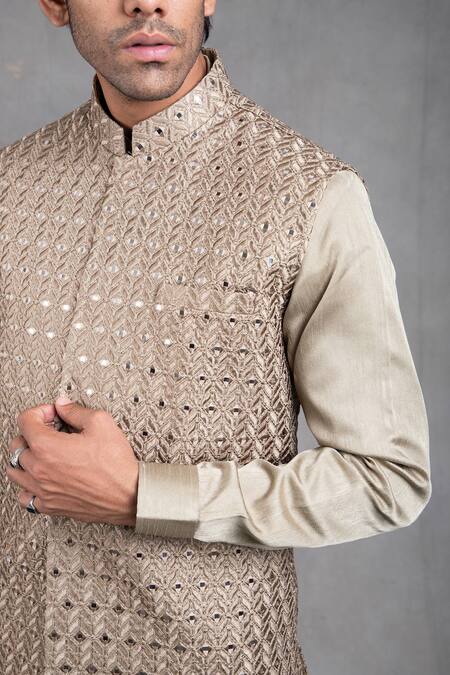 Rng Safawala_Green Raw , Dupion Thread, Mirrorwork Embroidered Bundi And Kurta Set _at_Aza_Fashions