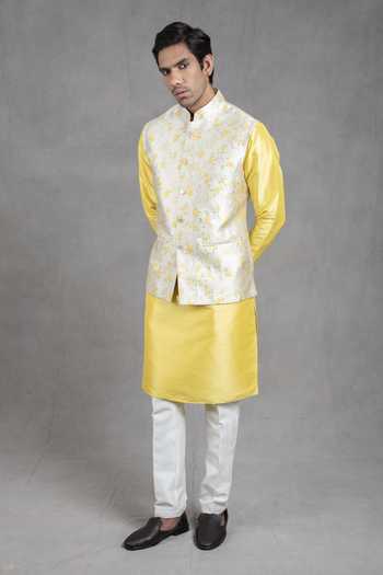 Rng Safawala Cream Silk, Cotton Embroidery Floral Print Bundi And Kurta Set For Kids Online at Aza Fashions Rng Safawala_Cream Silk, Cotton Embroidery Floral Print Bundi And Kurta Set For Kids_Online_at_Aza_Fashions