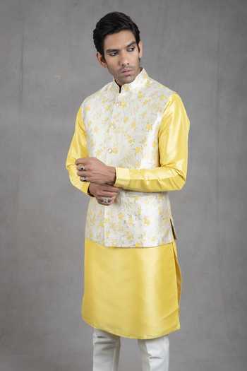 Shop Rng Safawala Cream Silk, Cotton Embroidery Floral Print Bundi And Kurta Set For Kids Online at Aza Fashions Shop_Rng Safawala_Cream Silk, Cotton Embroidery Floral Print Bundi And Kurta Set For Kids_Online_at_Aza_Fashions