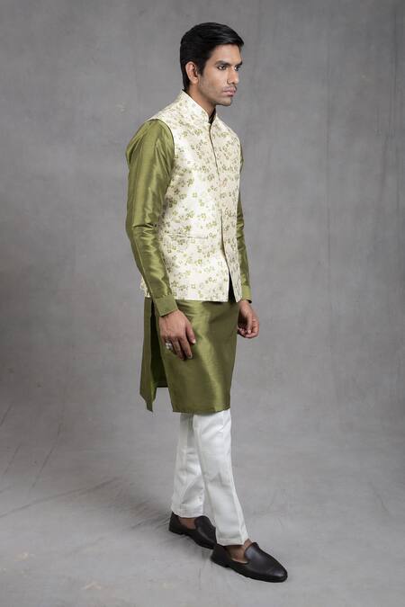 Rng Safawala_Green Dupion , Cotton Floral Motifs Print Bundi And Kurta Set _Online_at_Aza_Fashions