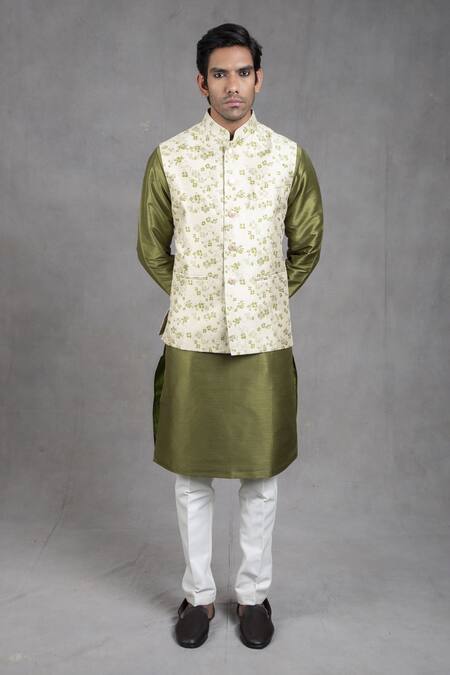 Buy_Rng Safawala_Green Dupion , Cotton Floral Motifs Print Bundi And Kurta Set _Online_at_Aza_Fashions
