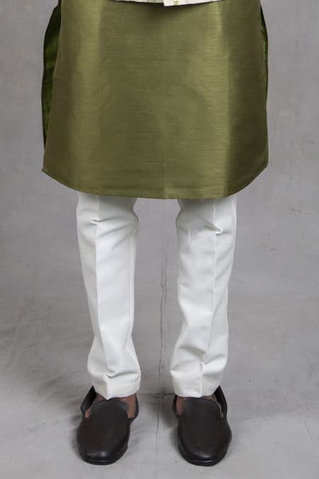 Shop_Rng Safawala_Green Dupion , Cotton Floral Motifs Print Bundi And Kurta Set _Online_at_Aza_Fashions