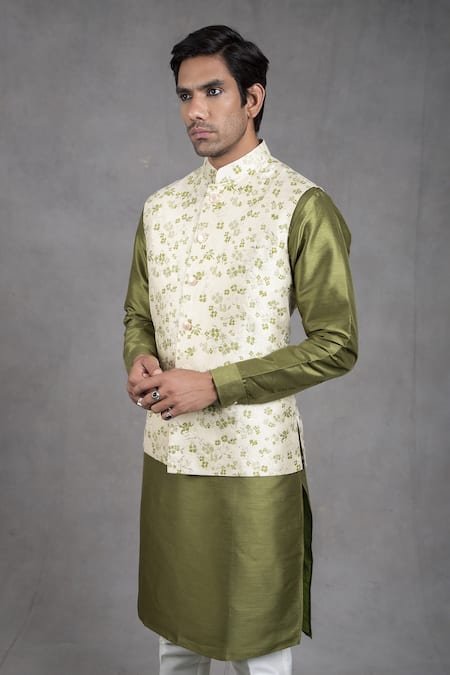 Rng Safawala_Green Dupion , Cotton Floral Motifs Print Bundi And Kurta Set _at_Aza_Fashions