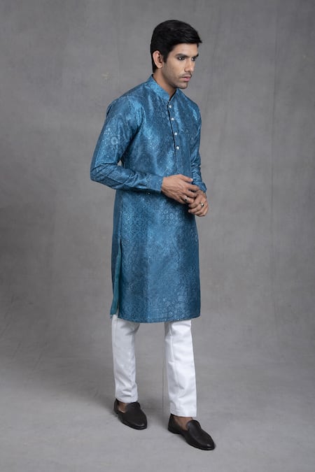 Rng Safawala_Blue Georgette, Dupion Silk Floral, Geometric Ocean Printed Kurta And Churidar Set_Online_at_Aza_Fashions