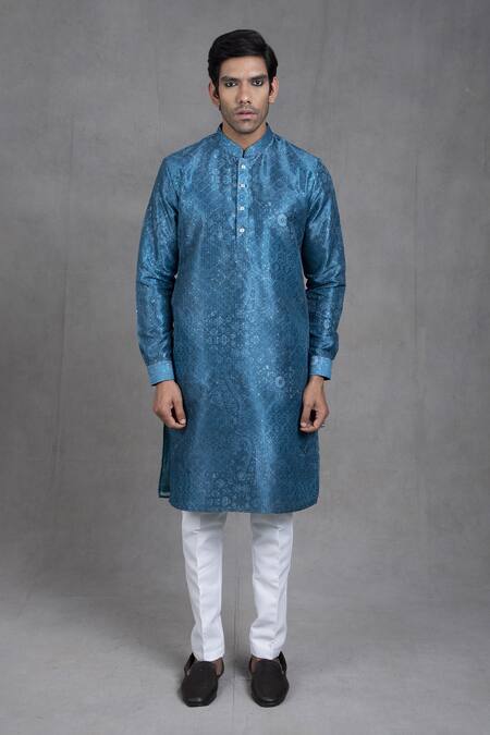 Buy_Rng Safawala_Blue Georgette, Dupion Silk Floral, Geometric Ocean Printed Kurta And Churidar Set_Online_at_Aza_Fashions