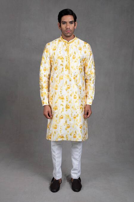 Rng Safawala_Yellow Cotton Silk Tie And Dye & Print Kurta Set_Online_at_Aza_Fashions
