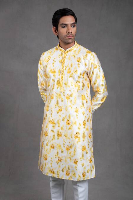 Buy_Rng Safawala_Yellow Cotton Silk Tie And Dye & Print Kurta Set_Online_at_Aza_Fashions