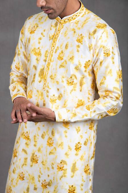 Rng Safawala_Yellow Cotton Silk Tie And Dye & Print Kurta Set_at_Aza_Fashions