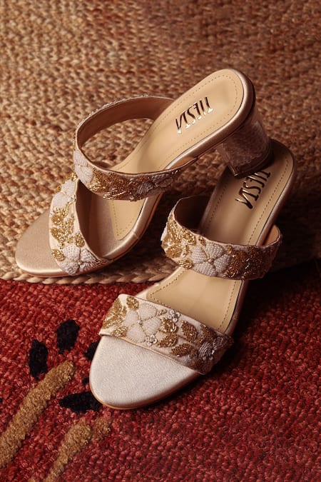 Shop_Tiesta_Gold Embroidery Peer Block Heels _at_Aza_Fashions