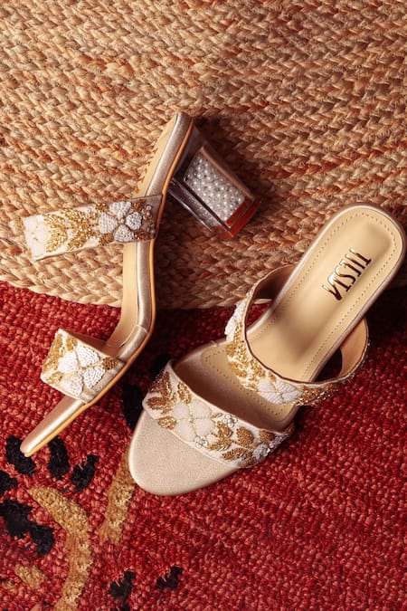 Tiesta_Gold Embroidery Peer Block Heels _Online_at_Aza_Fashions