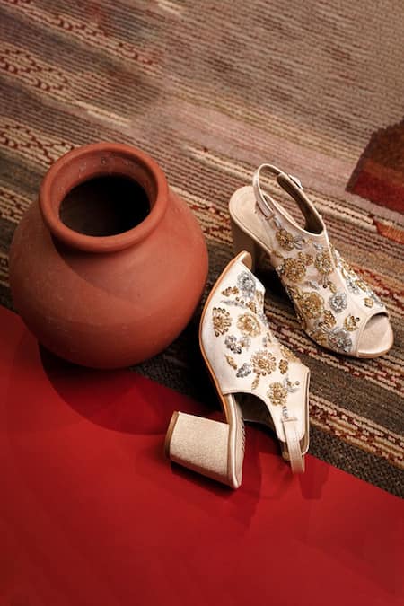 Tiesta Gold Embroidered Zahara Block Heels