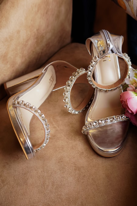 Shop Tiesta Gray Embroidery Grey Pearl Block Heels at Aza Fashions Shop_Tiesta_Gray Embroidery Grey Pearl Block Heels _at_Aza_Fashions